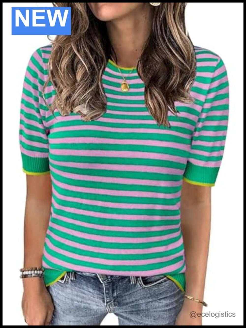 Striped Short Sleeve Sweater Knit Pullover Blouse Casual Top